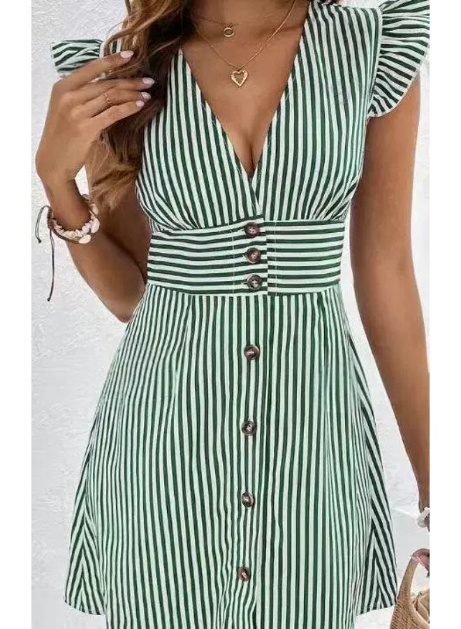 general Women's elegant checkered print V-neck flared sleeve dress - Image 1