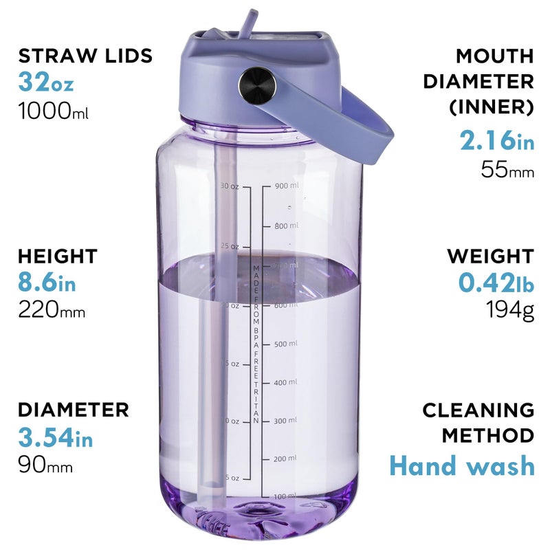 OLDLEY 32 oz Clear Water Bottle with Straw,Tritan BPA-Free, Wide Mouth, Leak Proof - for Gym, Travel, Home, School, Office (Purple) - Image 2