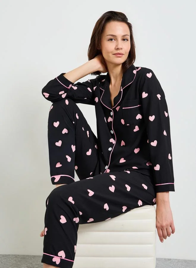 Black Heart Print Long Sleeve Shirt and Pajama Set