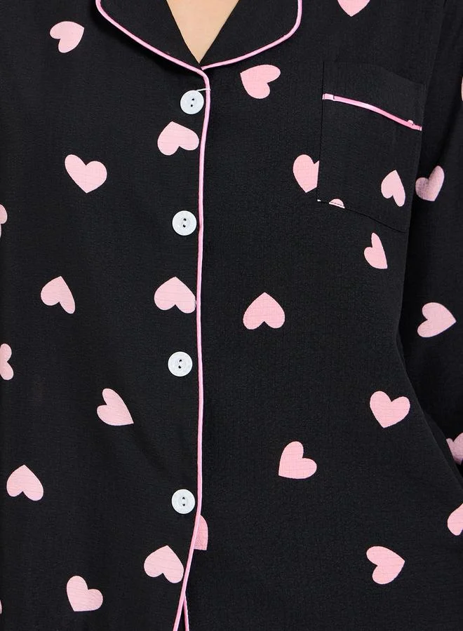 Take Two  Black Heart Print Long Sleeve Shirt and Pajama Set for Women | Best Price UAE