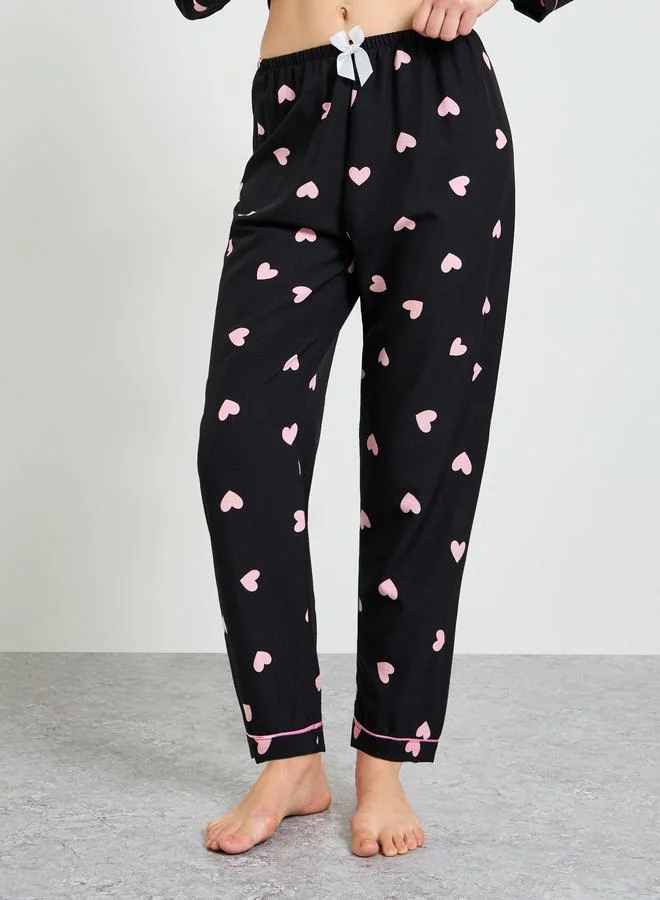 Take Two  Black Heart Print Long Sleeve Shirt and Pajama Set for Women | Best Price UAE