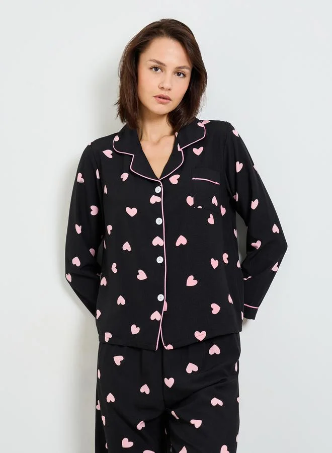 Take Two  Black Heart Print Long Sleeve Shirt and Pajama Set for Women | Best Price UAE