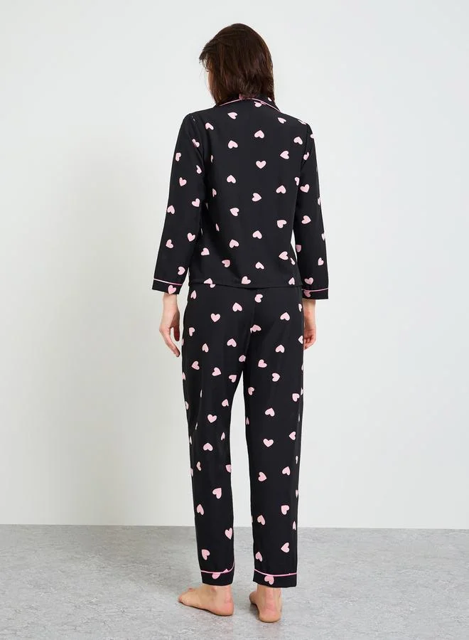 Take Two  Black Heart Print Long Sleeve Shirt and Pajama Set for Women | Best Price UAE