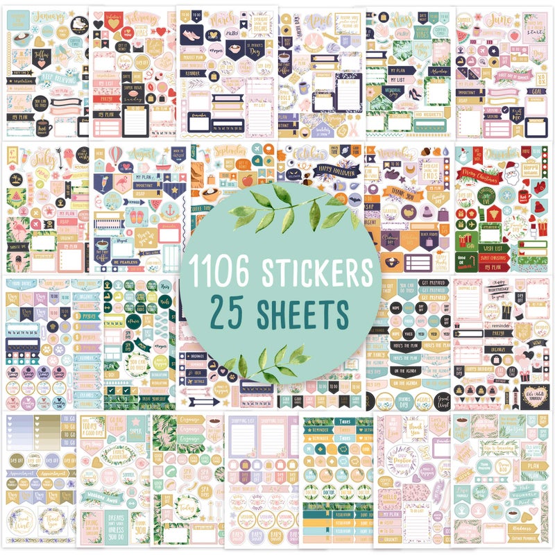 ZICOTO Aesthetic Greenery Planner Stickers for Fun Planning - 1100+ Stunning Gold Foil Monthly Designs - The Perfect Scrapbook Sticker Accessories to Enhance Your Daily Calendar and Planner Journaling - Image 1
