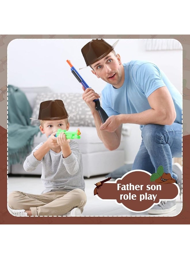 Satinior 24 Pcs Cowboy Hat and Bags Set Include Plastic Cowboy Hat and Fabrics Bags for Toddler Adult Western Party Supplies(Brown) - Image 1