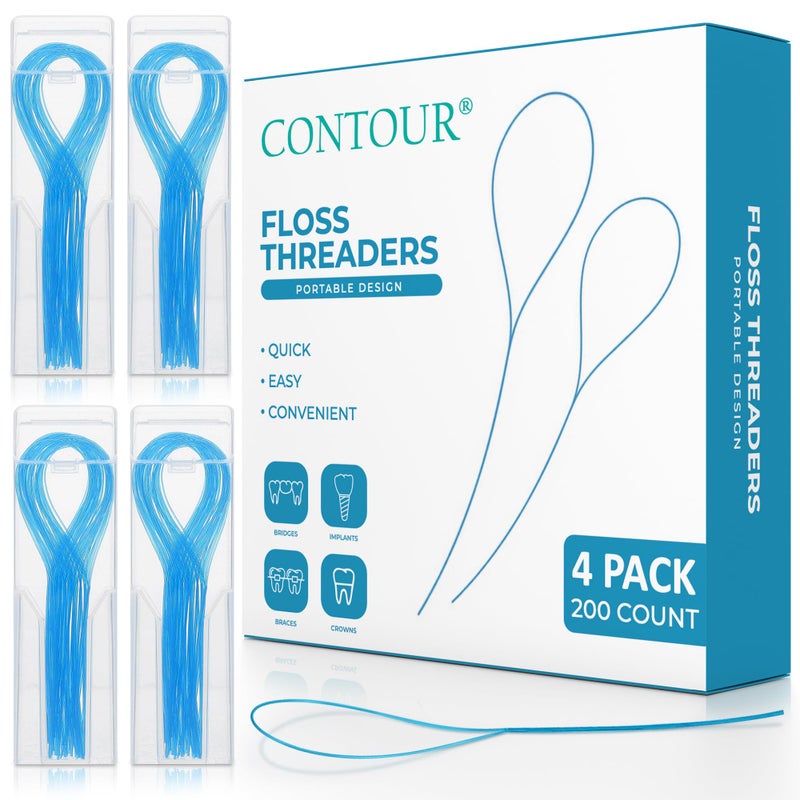 CONTOUR Dental Floss Threaders 4 Pack 200 Count Braces Flossers Designed for Braces Bridges Implants Quick Easy Flossing Solution