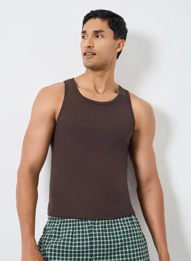 Men Brown Cotton Ribbed Vest