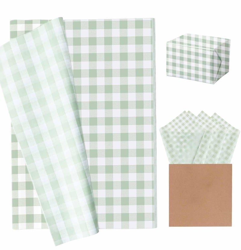 MUNILAIL 100 Sheets Gingham Tissue Paper 14 x 20 Inches Sage Green and White Checkered Tissue Paper for Gift Bags Bulk Wrapping Papers for Birthday Gift Packing Crafts - Image 1