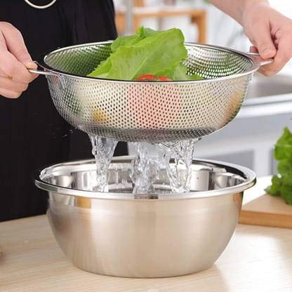RHYDON Rice Fruits Vegetable Basket Noodles Pasta Washing Bowl and Strainer for Storing and Straining Washing Bowl Drainer Colander Mixing BowlSteamerRice StrainerWasher Stainless Steel - Image 3
