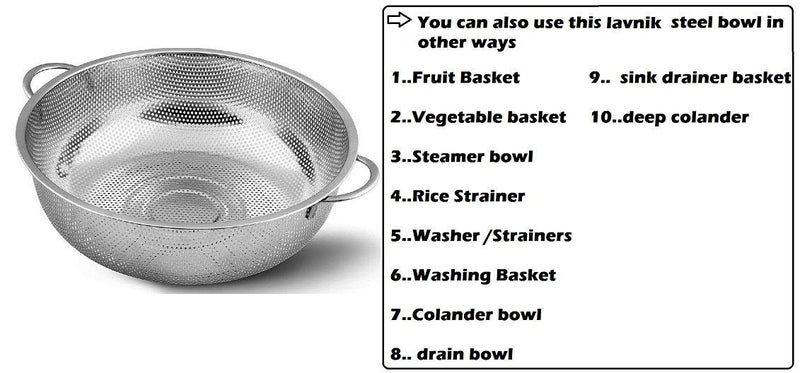 RHYDON Rice Fruits Vegetable Basket Noodles Pasta Washing Bowl and Strainer for Storing and Straining Washing Bowl Drainer Colander Mixing BowlSteamerRice StrainerWasher Stainless Steel - Image 5