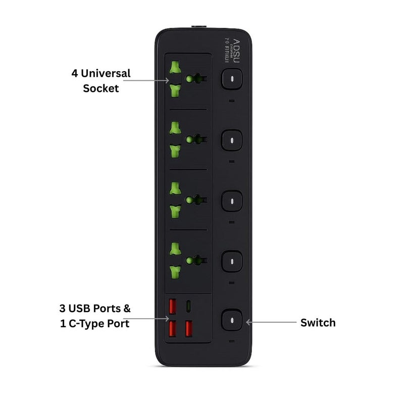 BOVTY Extension Board, Power Strip with 3 USB Ports and 4 Universal Socket, 2500W 10A Extension Cord, 3-Pin Surge Protector Power Strip for Home, Office, Computer, Mobile Charging-A85U-Black - Image 3