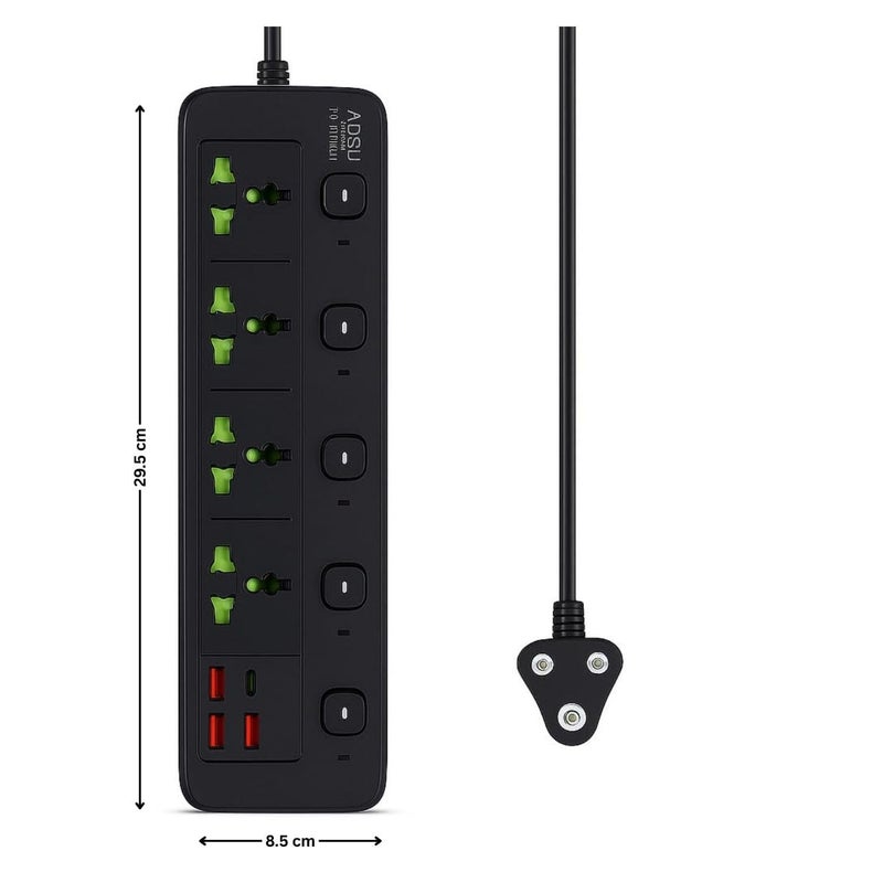BOVTY Extension Board, Power Strip with 3 USB Ports and 4 Universal Socket, 2500W 10A Extension Cord, 3-Pin Surge Protector Power Strip for Home, Office, Computer, Mobile Charging-A85U-Black - Image 2