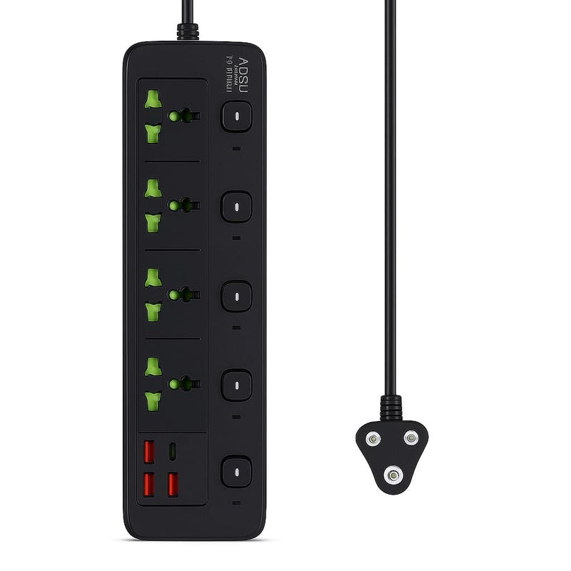 BOVTY Extension Board, Power Strip with 3 USB Ports and 4 Universal Socket, 2500W 10A Extension Cord, 3-Pin Surge Protector Power Strip for Home, Office, Computer, Mobile Charging-A85U-Black - Image 1