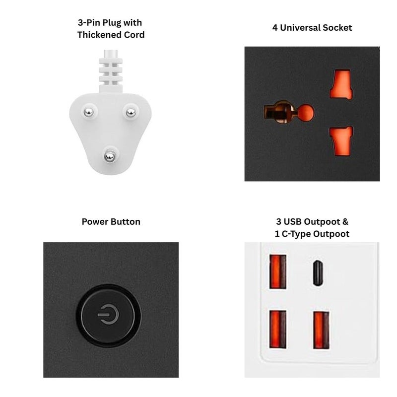 BOVTY Extension Board, Power Strip with 3 USB Ports and 4 Universal Socket, 2500W 10A Extension Cord, 3-Pin Surge Protector Power Strip for Home, Office, Computer, Mobile Charging-A85U-Black - Image 5
