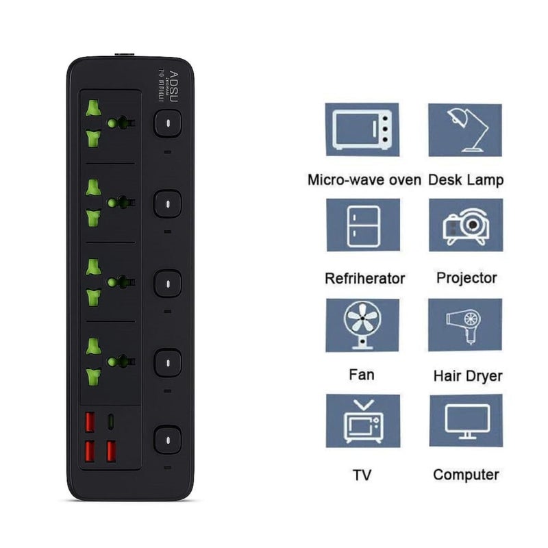 BOVTY Extension Board, Power Strip with 3 USB Ports and 4 Universal Socket, 2500W 10A Extension Cord, 3-Pin Surge Protector Power Strip for Home, Office, Computer, Mobile Charging-A85U-Black - Image 4