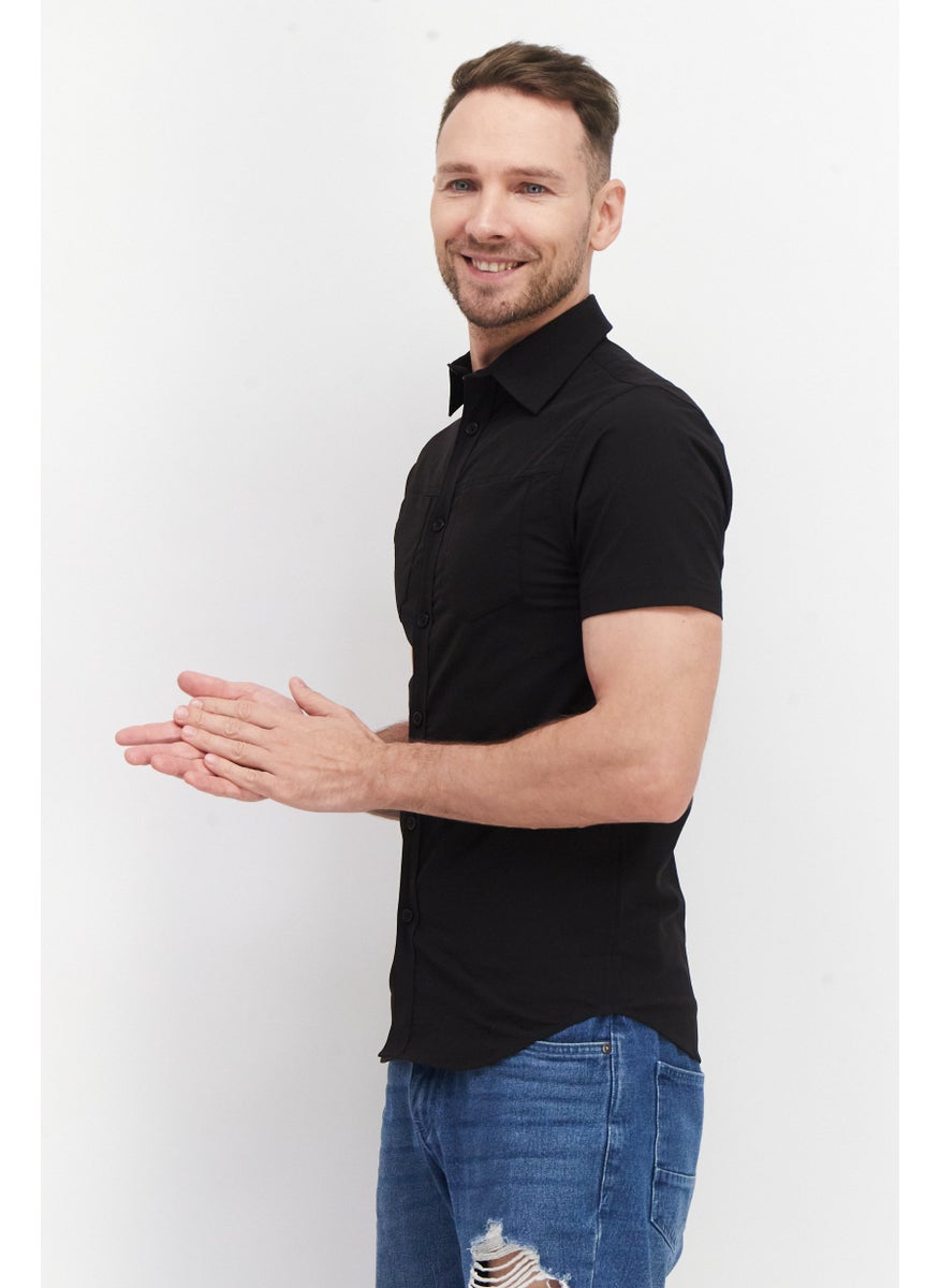 Cultura New York Men Regular Fit Plain Short Sleeve Casual Shirt, Black  - Image 2