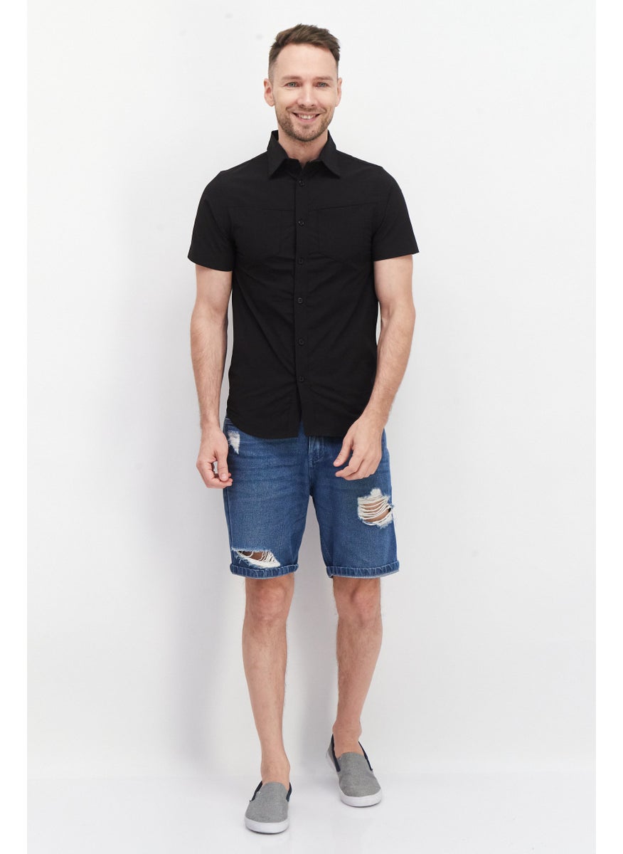 Cultura New York Men Regular Fit Plain Short Sleeve Casual Shirt, Black  - Image 4