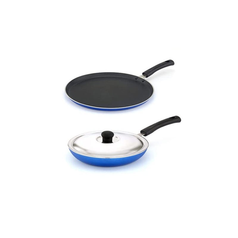2-Piece Non-Stick Cookware Tawa And Fry Pan Combo Set Blue/Silver/Black 26cm - Image 1