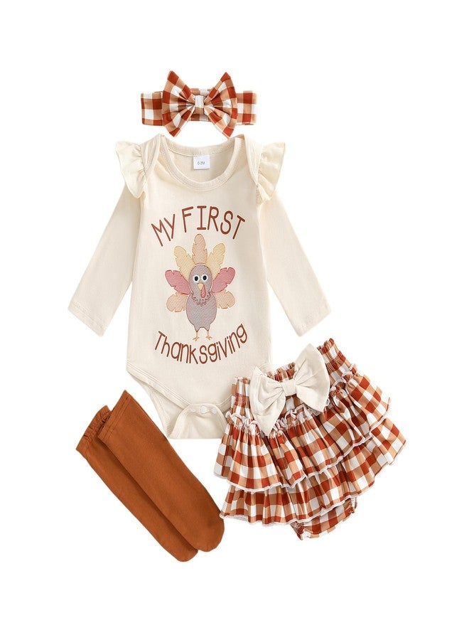 Gureui My First Thanksgiving Baby Girl Outfit Long Sleeve Turkey Romper Onesie Shorts Toddler Infant Newborn Fall Clothes (A Khaki My First Thanksgiving, 0-3 Months) - Image 1