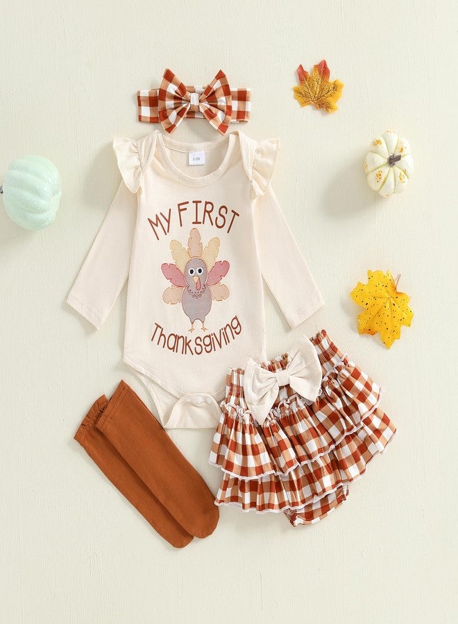 Gureui My First Thanksgiving Baby Girl Outfit Long Sleeve Turkey Romper Onesie Shorts Toddler Infant Newborn Fall Clothes (A Khaki My First Thanksgiving, 0-3 Months) - Image 2