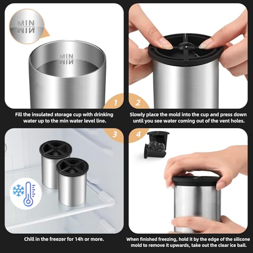 Miaowoof Clear Ice Cube Maker, 2.5 Inch Stainless Steel Crystal Large Clear Ice Ball Maker, Silicone Ice Cube Mold for Cocktails, Drinks & Bourbon, Whiskey Gifts for Men, Metal Color(2 Pack) - Image 3
