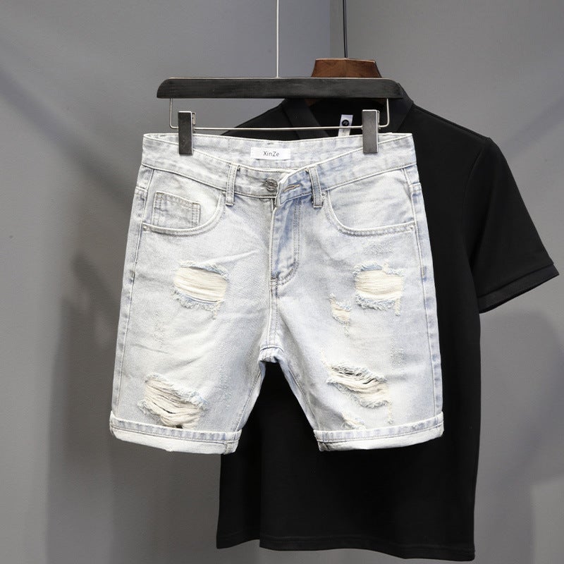 2023 Korean Style Loose Pants Fashion Simple Shorts New Mens Casual Jeans Light blue 