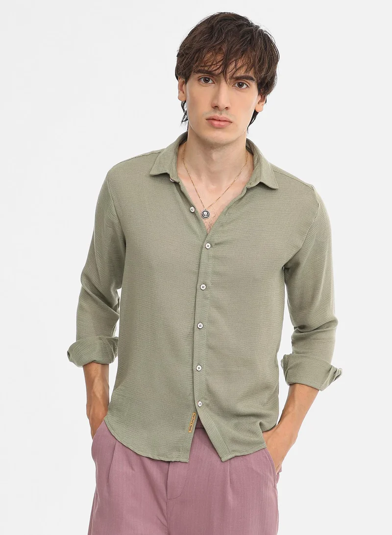 Campus Sutra Men's Sage Green Woven-Textured Shirt For Casual Wear | Spread Collar | Long Sleeve | Button Closure | Shirt Crafted With Comfort Fit For Everyday Wear