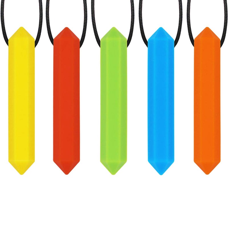 QUALEAP AMBER Xtra Tough XT Sensory Chew Necklace for Kids Boys or Girls 5 Pack Chewing Necklace Teething Necklace Teether Necklace Chew Toys Teething Toys Designed for Autism ADHD 5 Colors