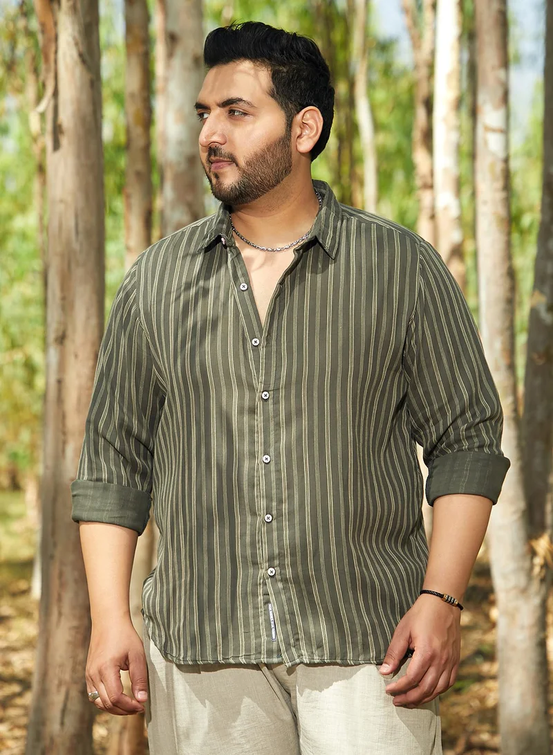 Instafab Plus Instafab Plus Men's Moss Green Halo Striped Shirt For Casual Wear | Spread Collar | Long Cuffed Sleeves | Button Closure | Plus Size Shirt Crafted With Comfort Fit For Everyday Wear