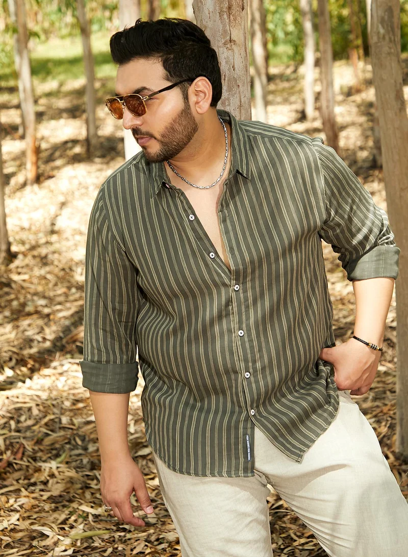 Instafab Plus Instafab Plus Men's Moss Green Halo Striped Shirt For Casual Wear | Spread Collar | Long Cuffed Sleeves | Button Closure | Plus Size Shirt Crafted With Comfort Fit For Everyday Wear