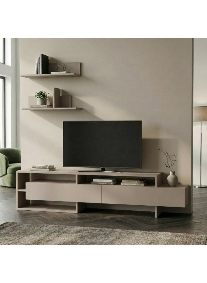 Mourah Home Gara Tv Unit Up To 60'' Inch Tvs With 2Shelf | 2Door And 2Tier Cabinet | Tv Cabinet | 180X29.8X42 Cm| Light Mocha - Image 1