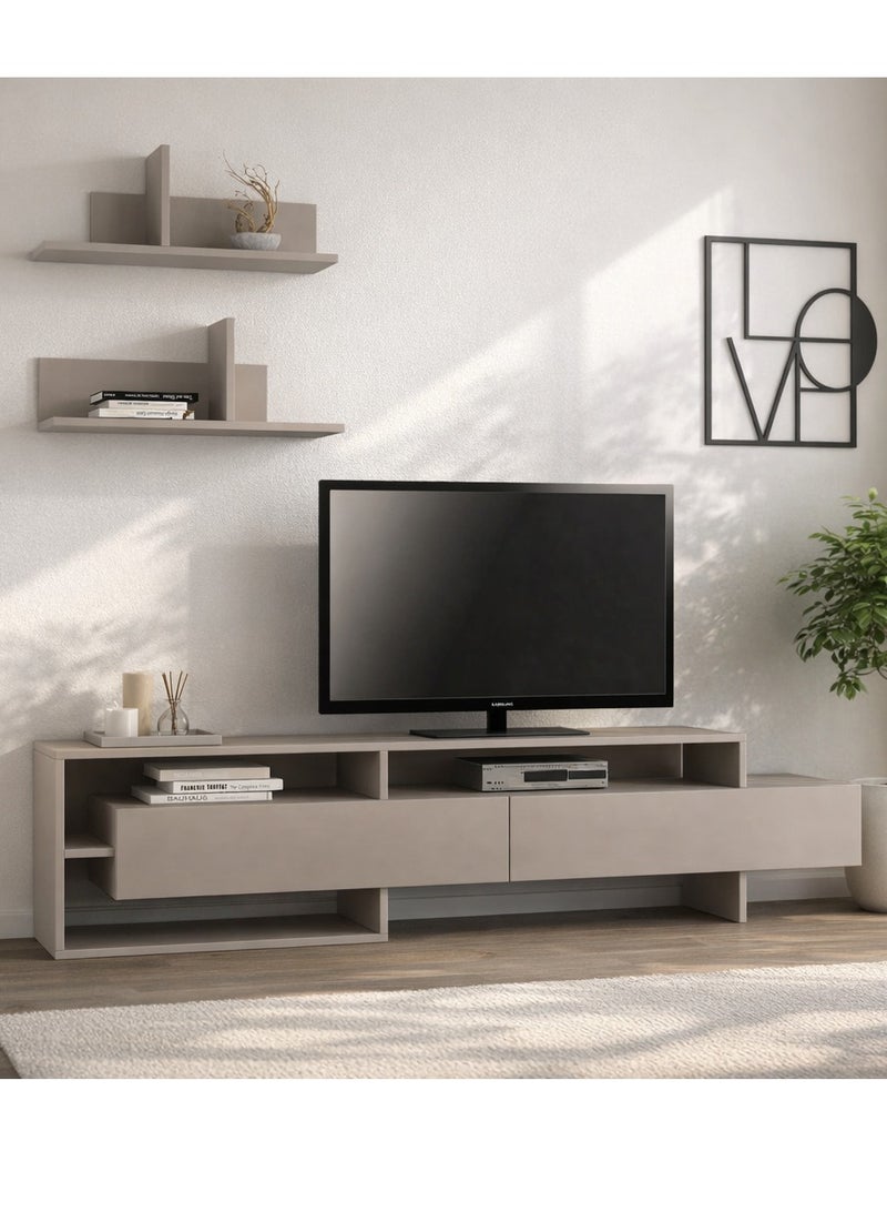Mourah Home Gara Tv Unit Up To 60'' Inch Tvs With 2Shelf | 2Door And 2Tier Cabinet | Tv Cabinet | 180X29.8X42 Cm| Light Mocha - Image 2