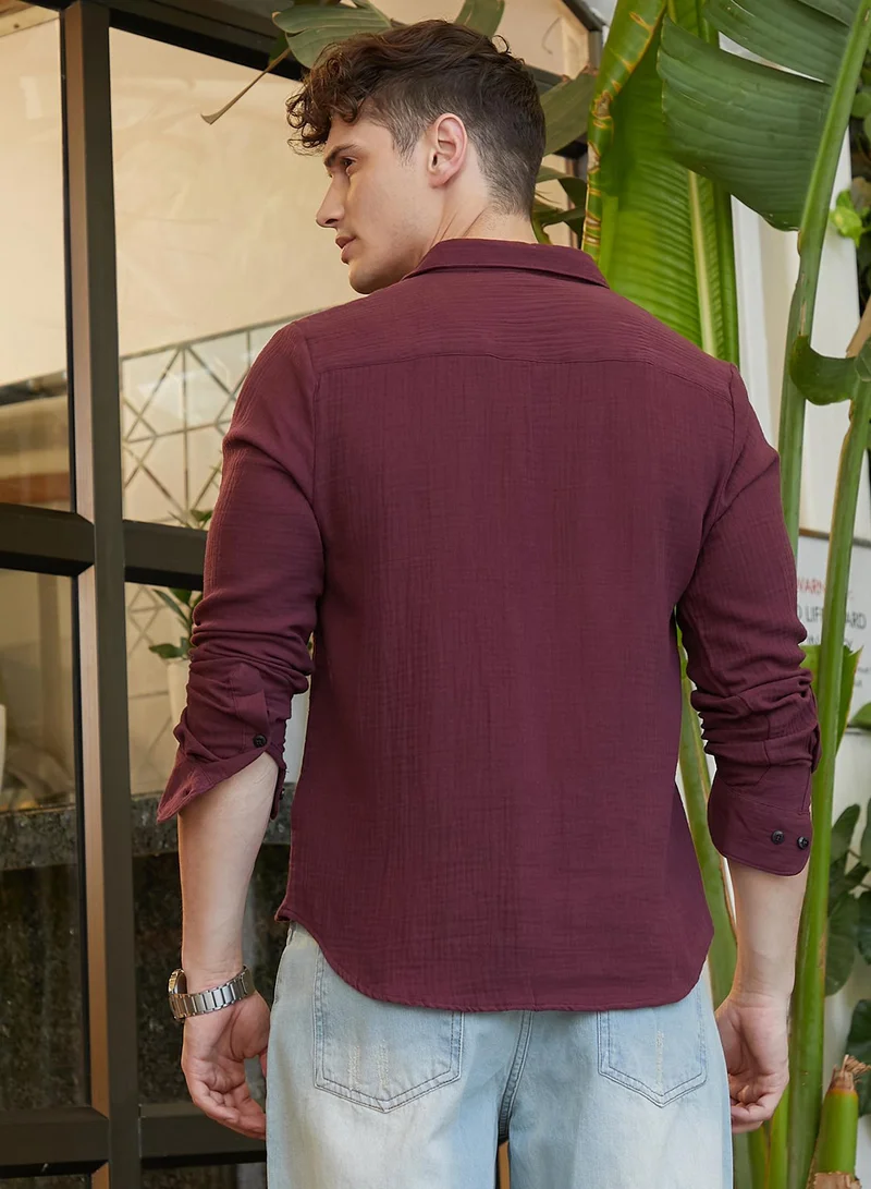 Campus Sutra Men's Wine Red Breezy-Weave Shirt