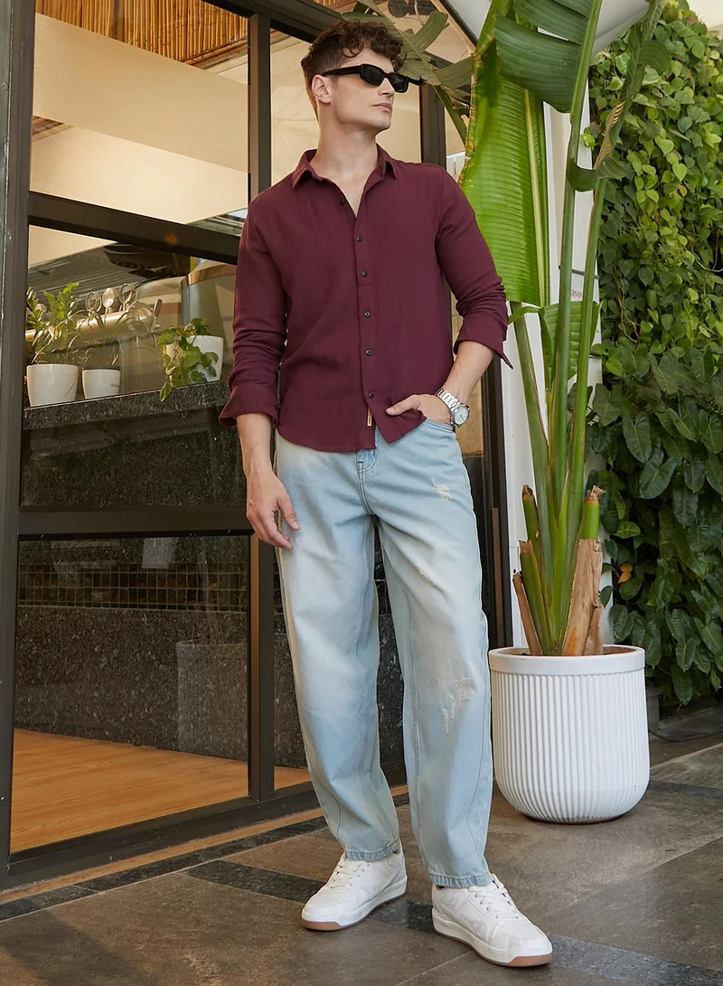 Campus Sutra Men's Wine Red Breezy-Weave Shirt
