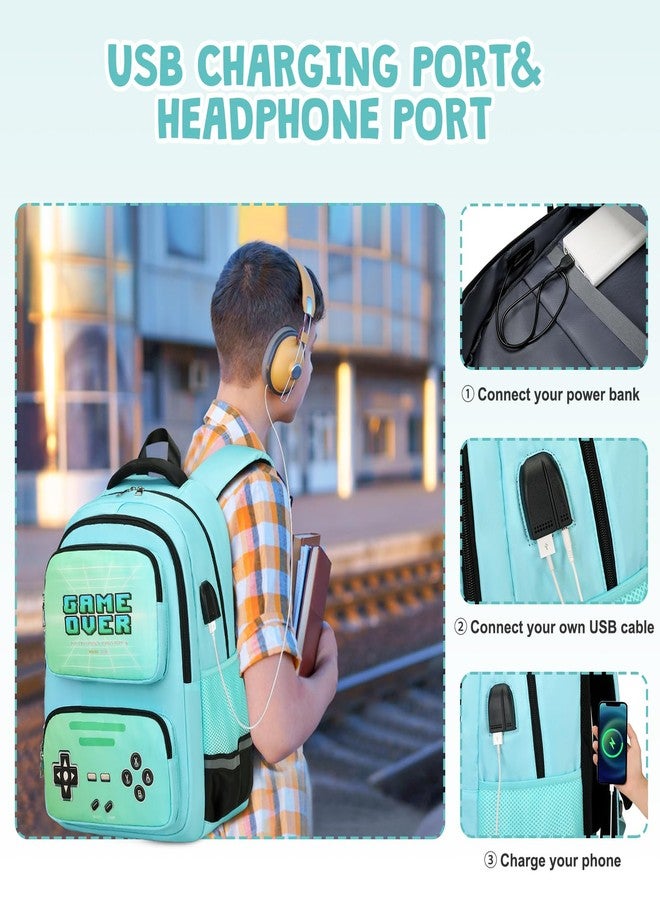 ACESAK Gamer Backpack for Boys - Cool Luminous School Backpack with Lunch Bag Pencil Case, Green, Medium, Casual - Image 5