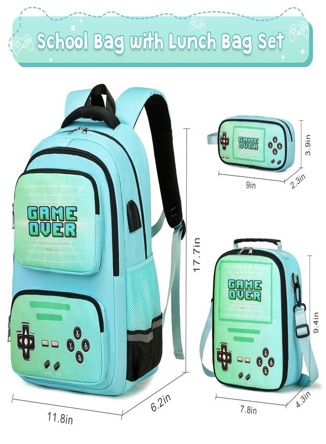 ACESAK Gamer Backpack for Boys - Cool Luminous School Backpack with Lunch Bag Pencil Case, Green, Medium, Casual - Image 2