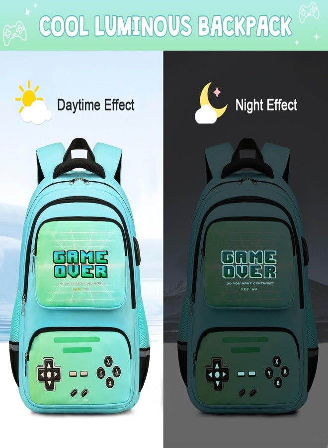 ACESAK Gamer Backpack for Boys - Cool Luminous School Backpack with Lunch Bag Pencil Case, Green, Medium, Casual - Image 3