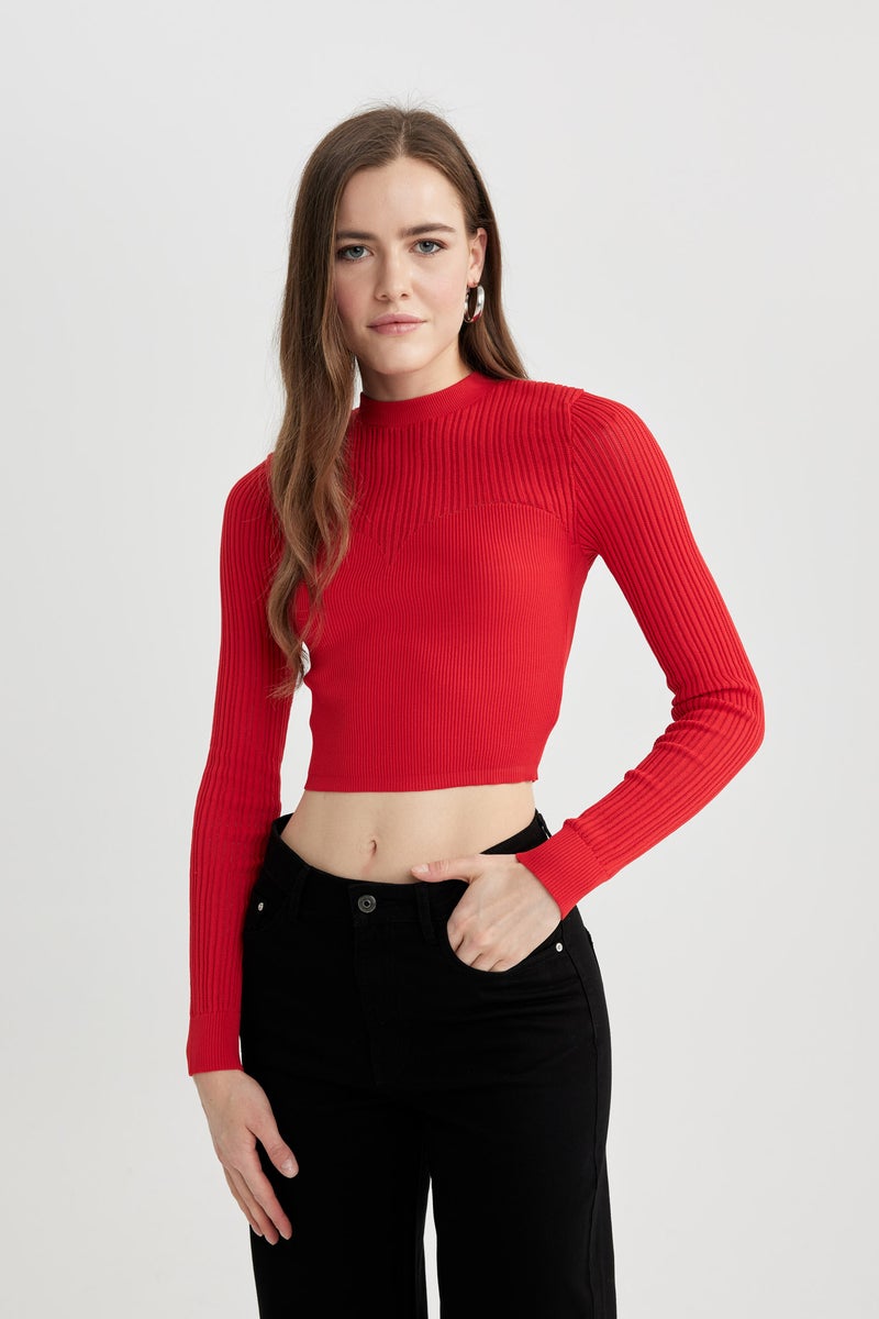 DeFacto Woman Half Turtleneck Red Knit Crop Pullover  - Image 2