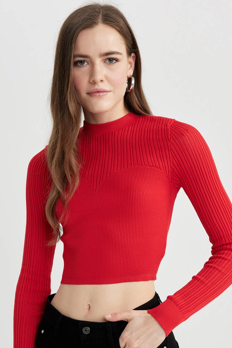 DeFacto Woman Half Turtleneck Red Knit Crop Pullover  - Image 1