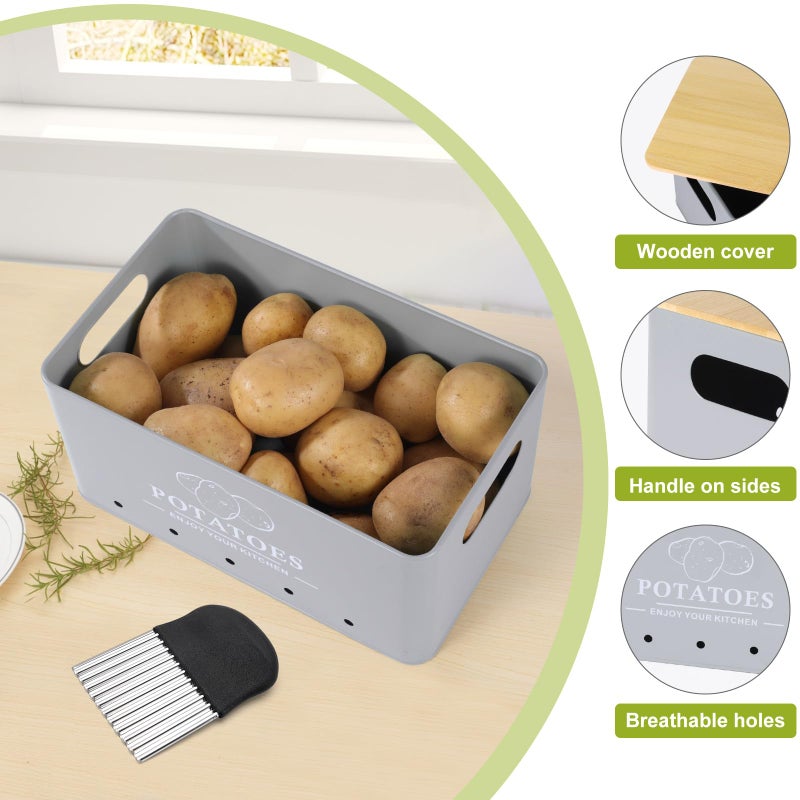 Dekosilave Kitchen Vegetable Storage Set of 3, Metal Onion Garlic Potato Storage Set, Kitchen Canisters Vegetable Keeper Containers with Aerating Holes and Wooden Lid (Grey) - Image 3