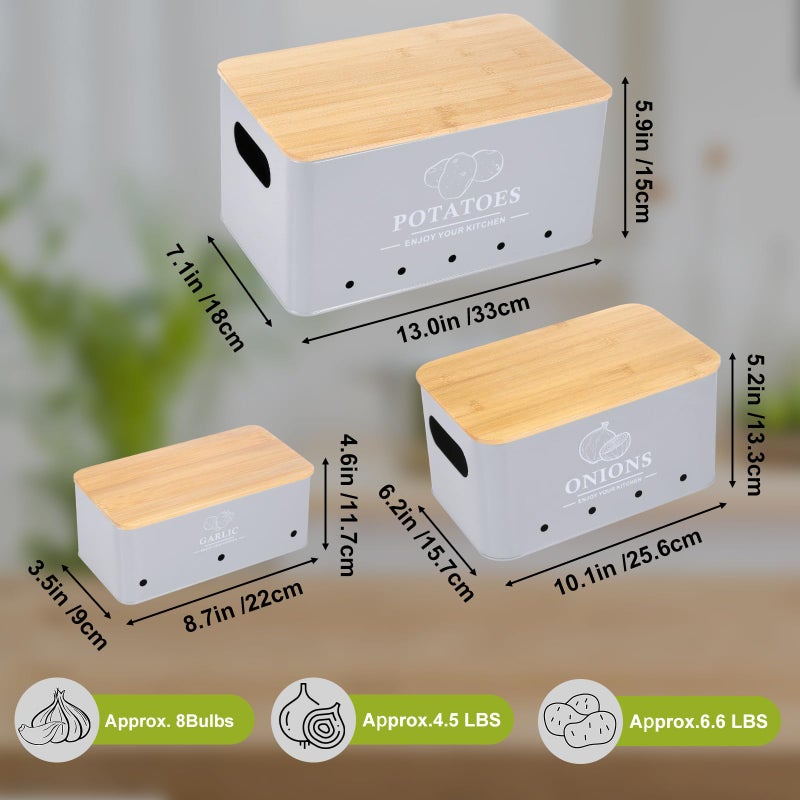Dekosilave Kitchen Vegetable Storage Set of 3, Metal Onion Garlic Potato Storage Set, Kitchen Canisters Vegetable Keeper Containers with Aerating Holes and Wooden Lid (Grey) - Image 5