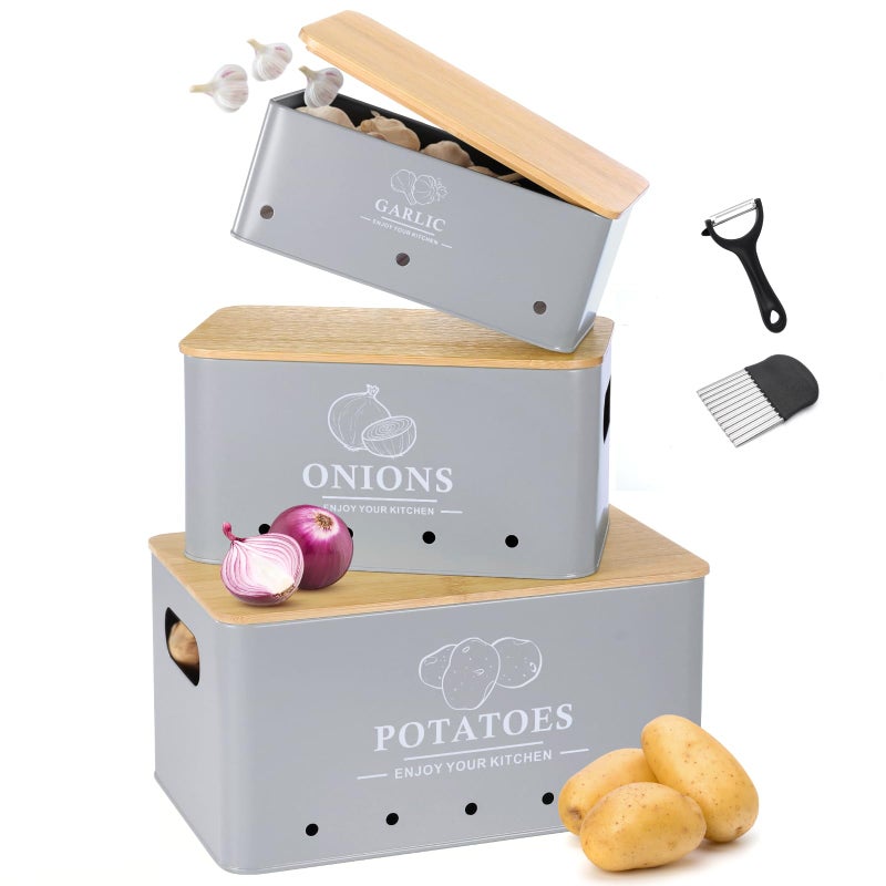 Dekosilave Kitchen Vegetable Storage Set of 3, Metal Onion Garlic Potato Storage Set, Kitchen Canisters Vegetable Keeper Containers with Aerating Holes and Wooden Lid (Grey) - Image 1