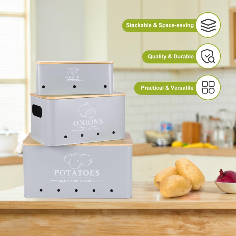 Dekosilave Kitchen Vegetable Storage Set of 3, Metal Onion Garlic Potato Storage Set, Kitchen Canisters Vegetable Keeper Containers with Aerating Holes and Wooden Lid (Grey) - Image 2