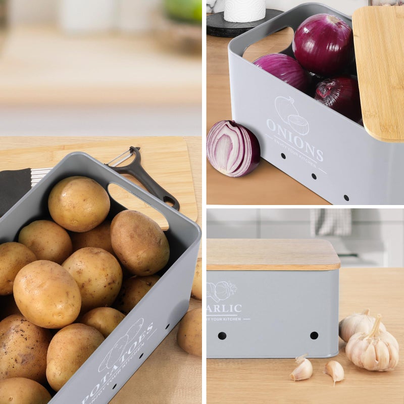 Dekosilave Kitchen Vegetable Storage Set of 3, Metal Onion Garlic Potato Storage Set, Kitchen Canisters Vegetable Keeper Containers with Aerating Holes and Wooden Lid (Grey) - Image 4