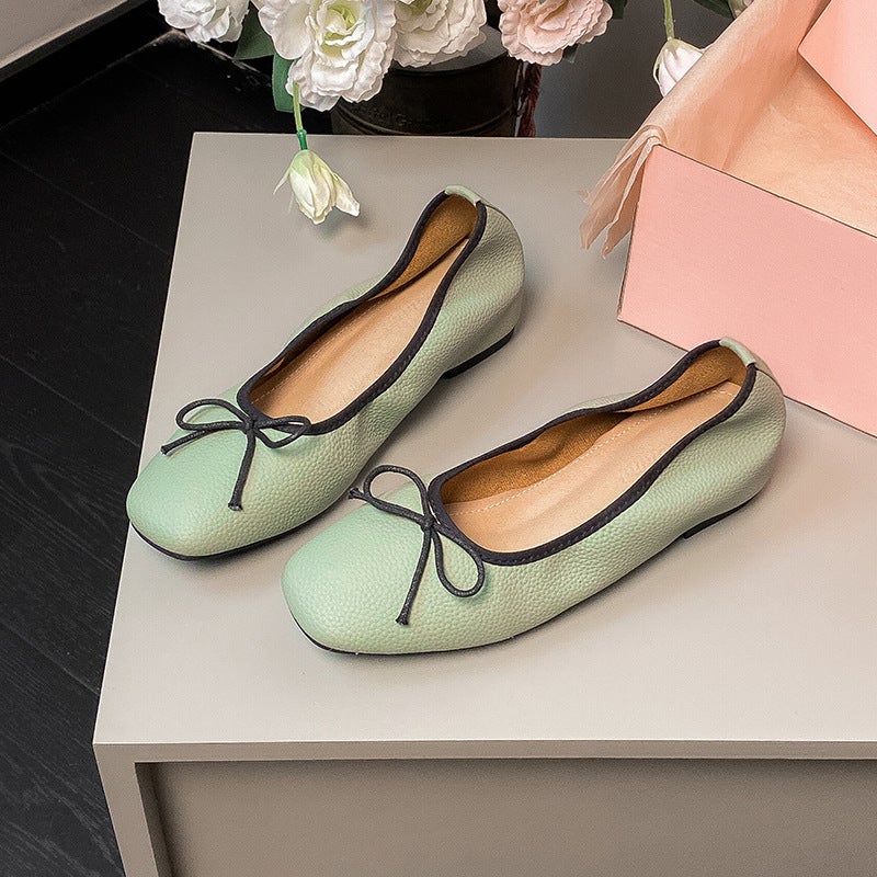 Soft Genuine Leather Ladyshoes Round-Toe Soft-Soled Ballet Shoes Flat-Soled Height-Increasing Single-Layer Shoes For Walking Women'S Lightweight Milk Shoes Egg Roll Shoes - Image 1