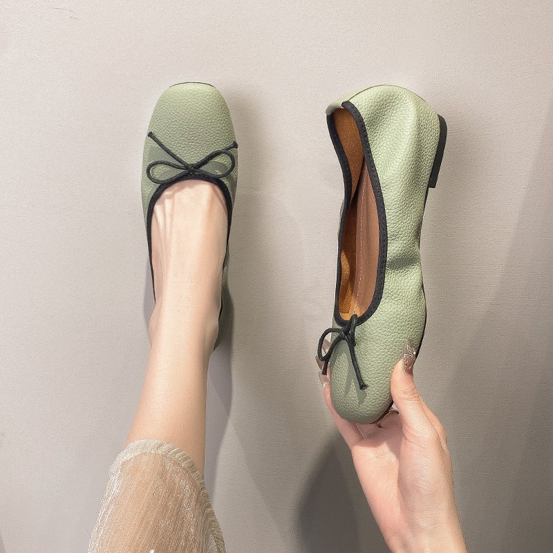Soft Genuine Leather Ladyshoes Round-Toe Soft-Soled Ballet Shoes Flat-Soled Height-Increasing Single-Layer Shoes For Walking Women'S Lightweight Milk Shoes Egg Roll Shoes - Image 5