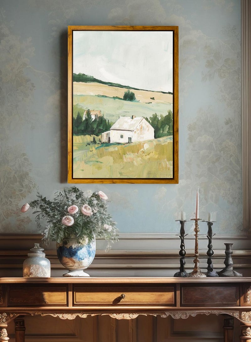 LOWHA Canvas Wall Art Stretched Over Wooden Frame with Wooden Color Floating Frame and Vintage Style House Surrounded by Green Meadows Painting - Image 1