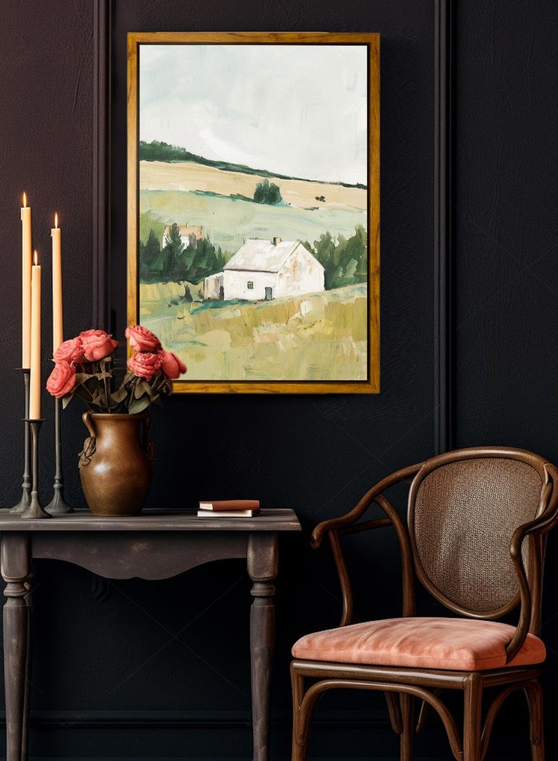 LOWHA Canvas Wall Art Stretched Over Wooden Frame with Wooden Color Floating Frame and Vintage Style House Surrounded by Green Meadows Painting - Image 4