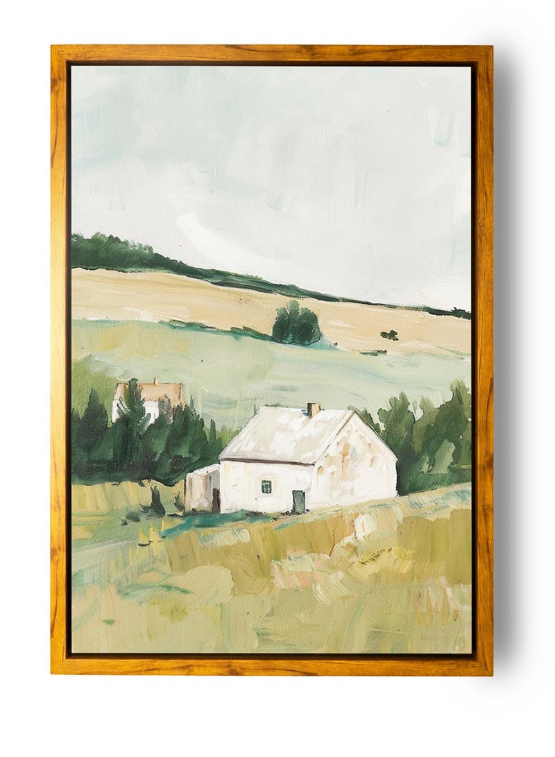 LOWHA Canvas Wall Art Stretched Over Wooden Frame with Wooden Color Floating Frame and Vintage Style House Surrounded by Green Meadows Painting - Image 5