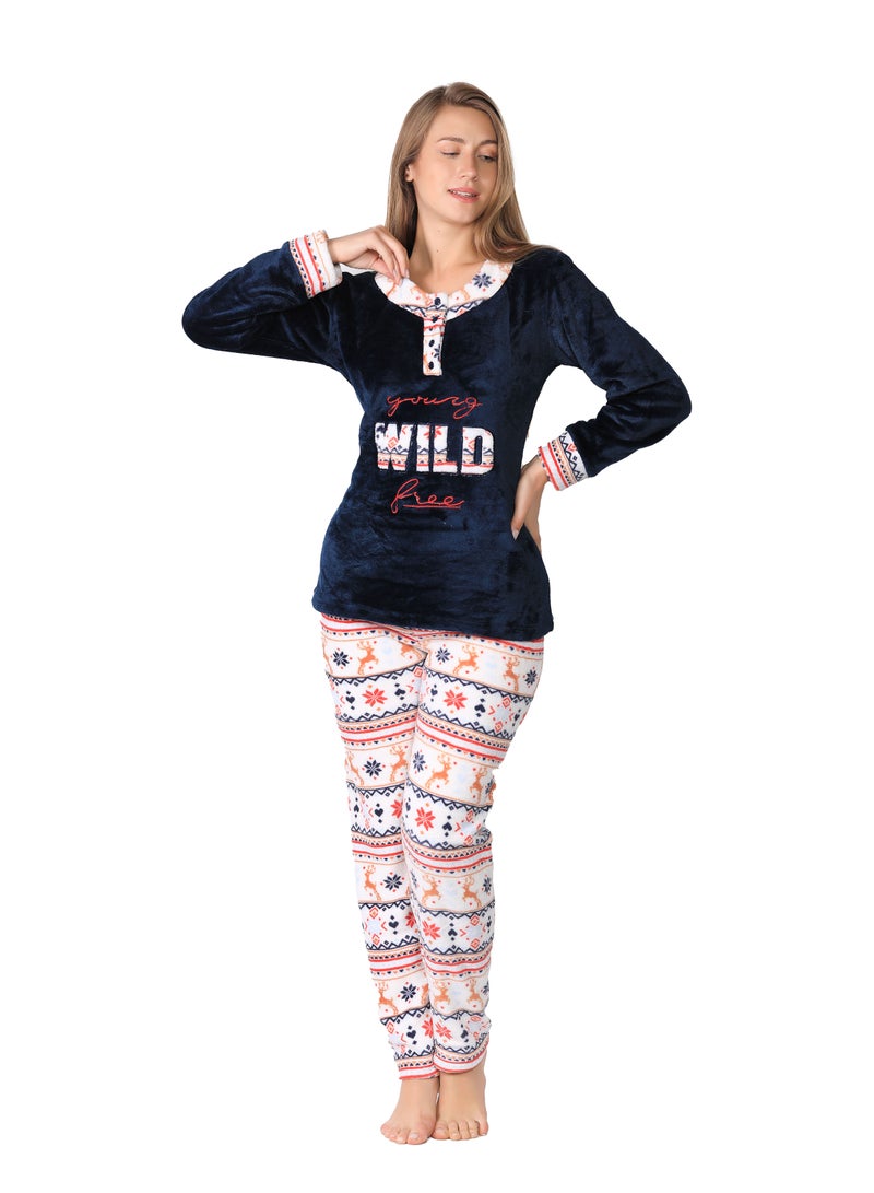 Dadoush Women's pajamas with fur pants and a long-sleeved blouse, warm and comfortable. 